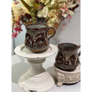 Handcrafted Brown & Cream Glazed Ceramic Mug With Raised Text Set 2